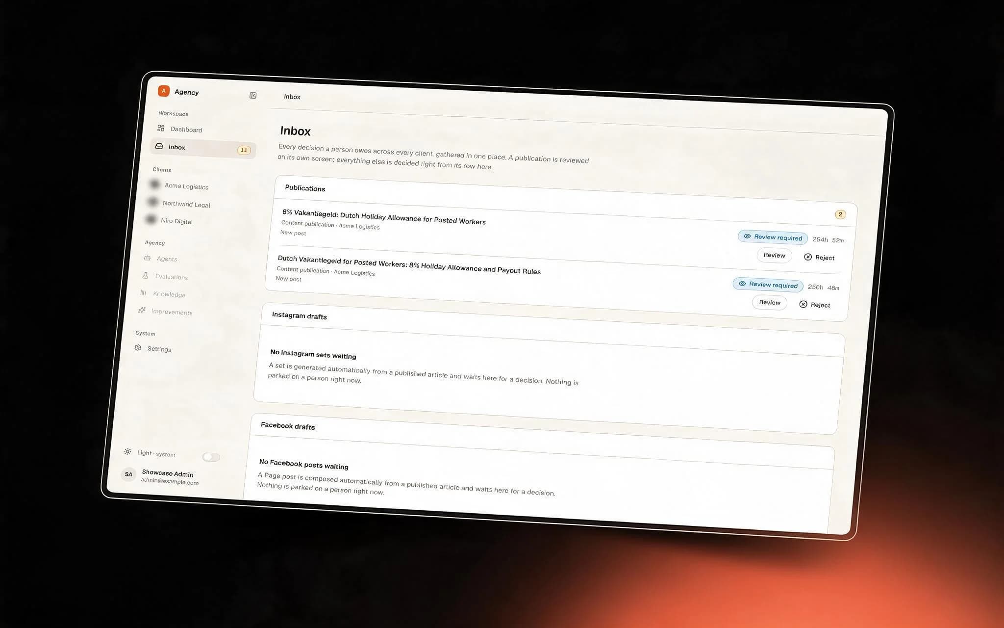 The inbox — every publication waiting on a person, with Review and Reject on each row