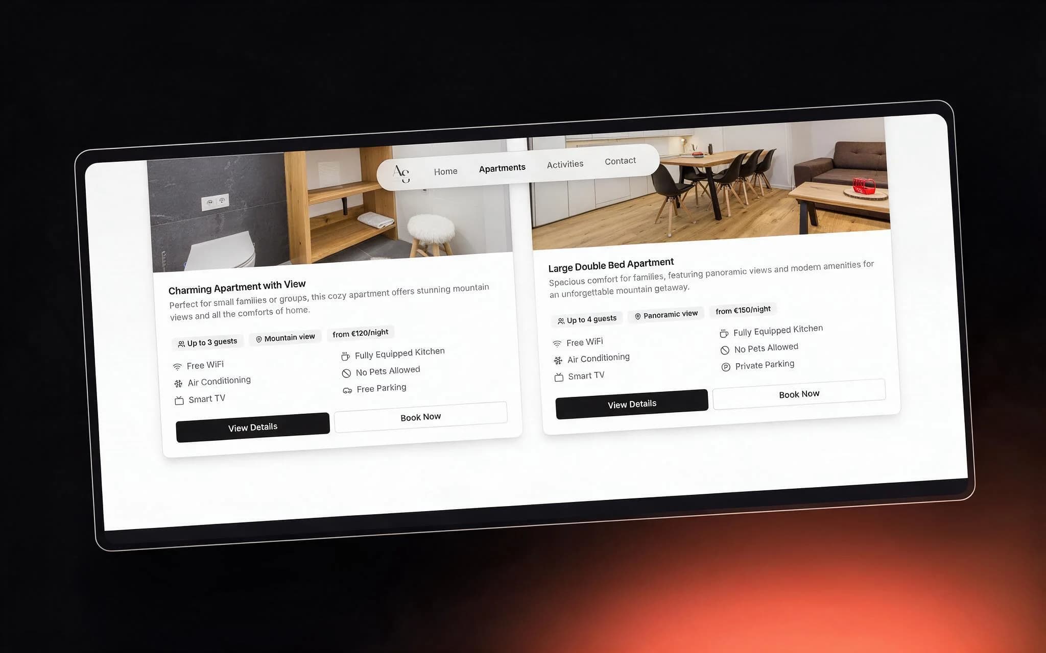 Apartment cards showing capacity, view, nightly rate, amenities and View details / Book now