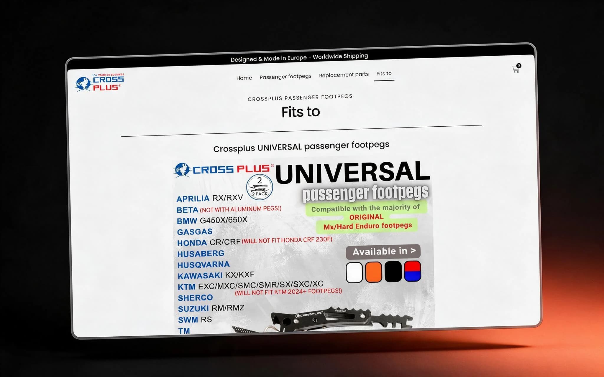 Stran CrossPlus »Fits to« s seznamom združljivih znamk in modelov