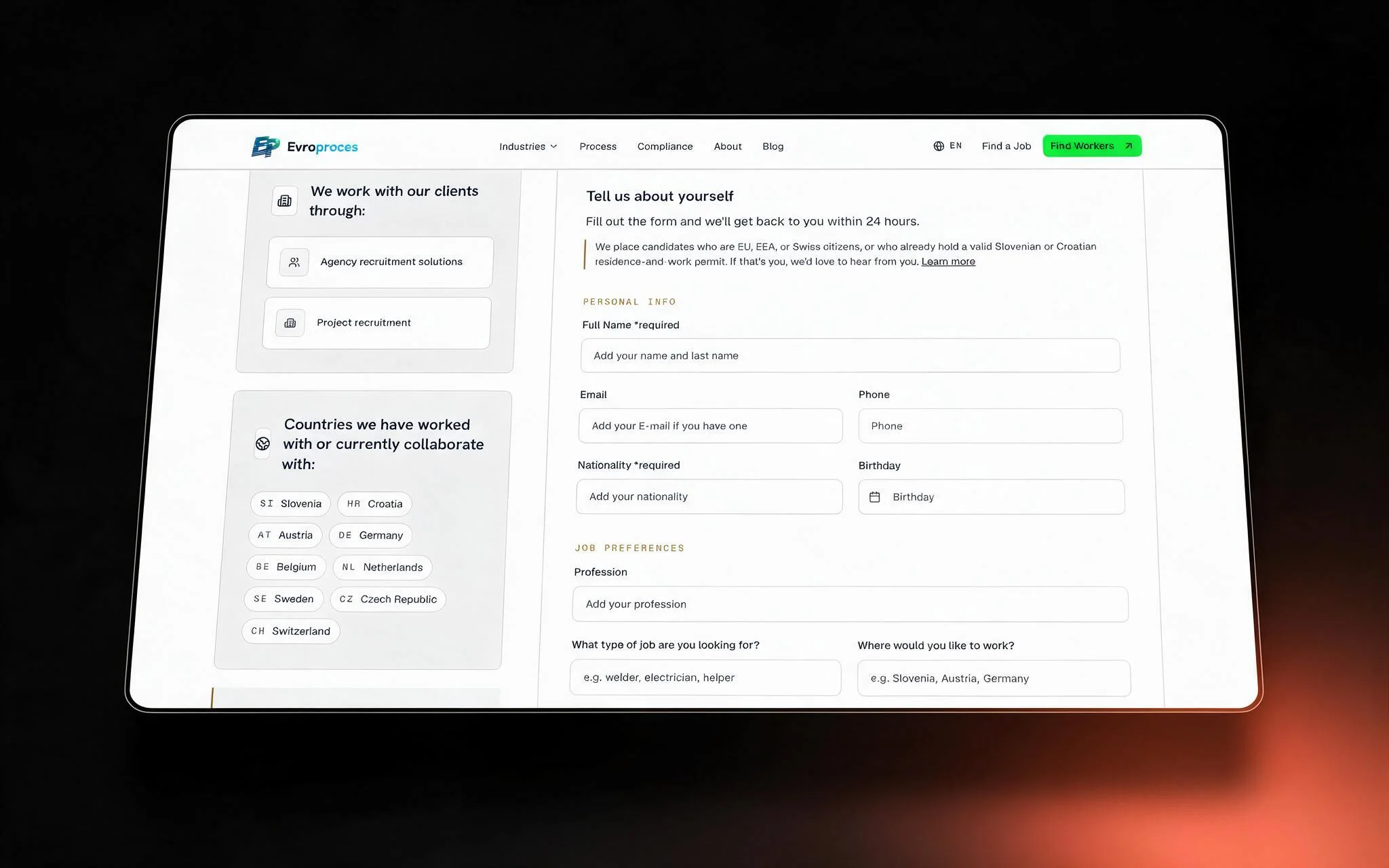 The Evroproces worker application form — name, email, phone, nationality, birthday, profession, desired job and location