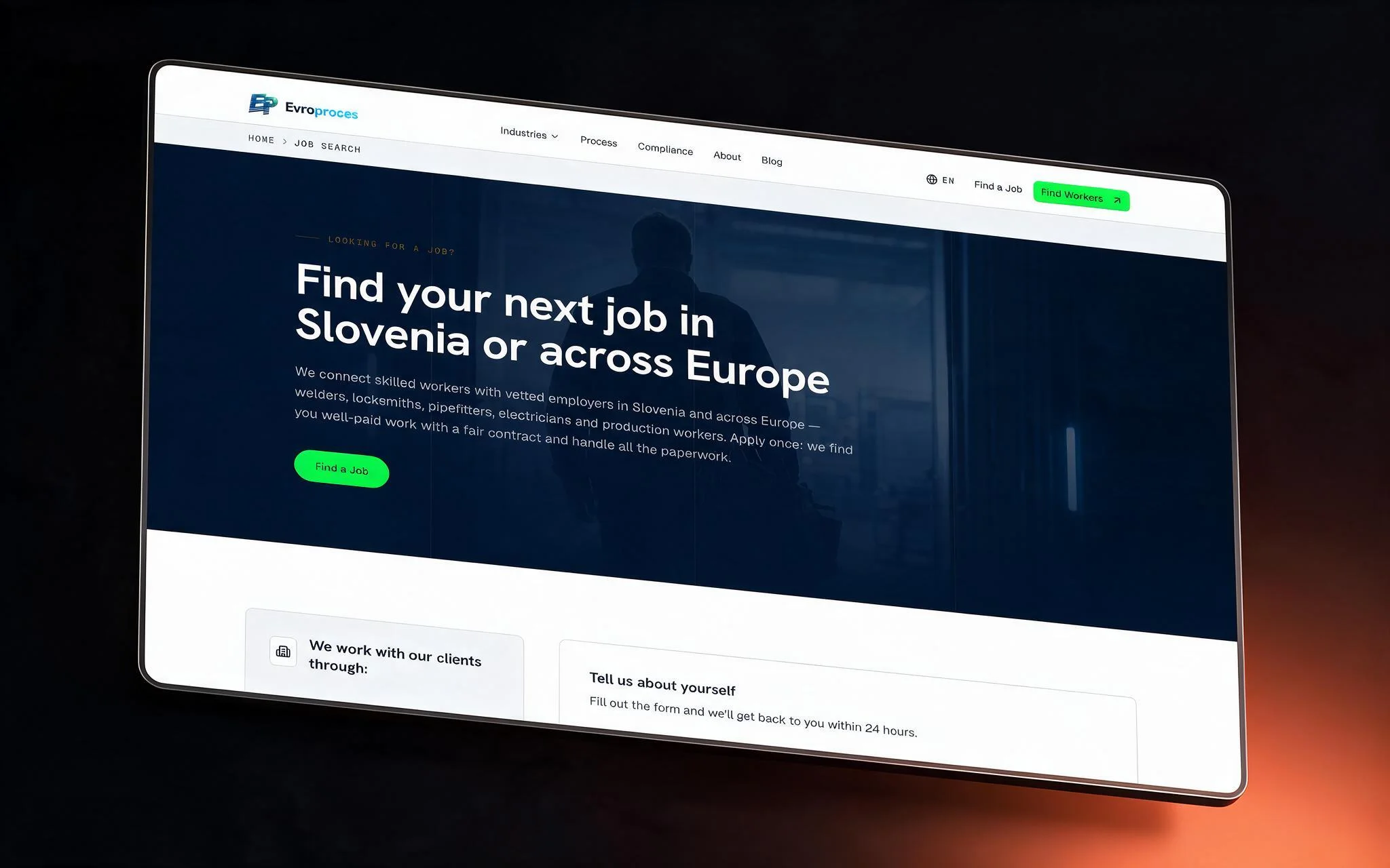 Evroproces worker landing page — find your next job in Slovenia or across Europe