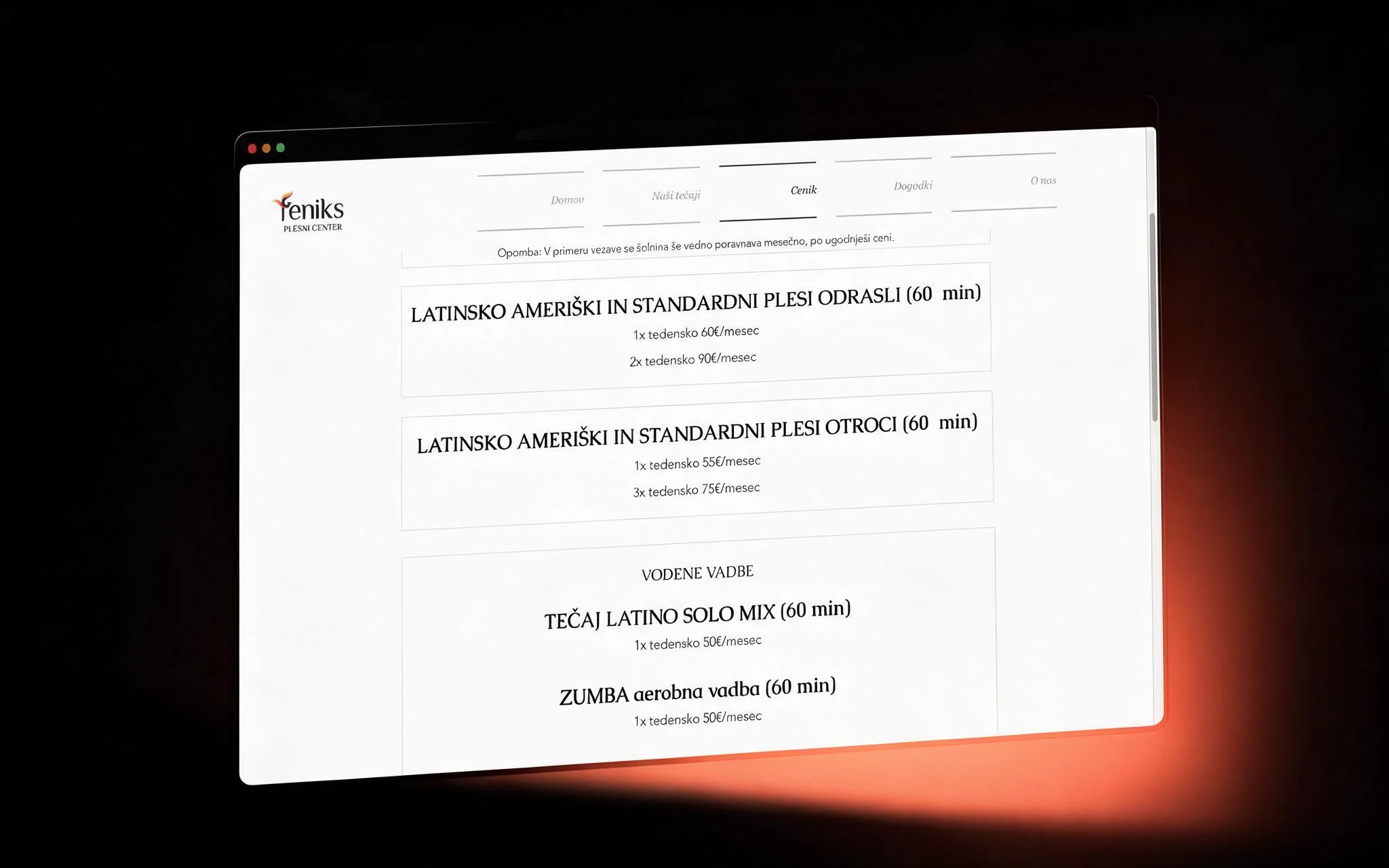 The Feniks price list: monthly pricing per course and commitment length