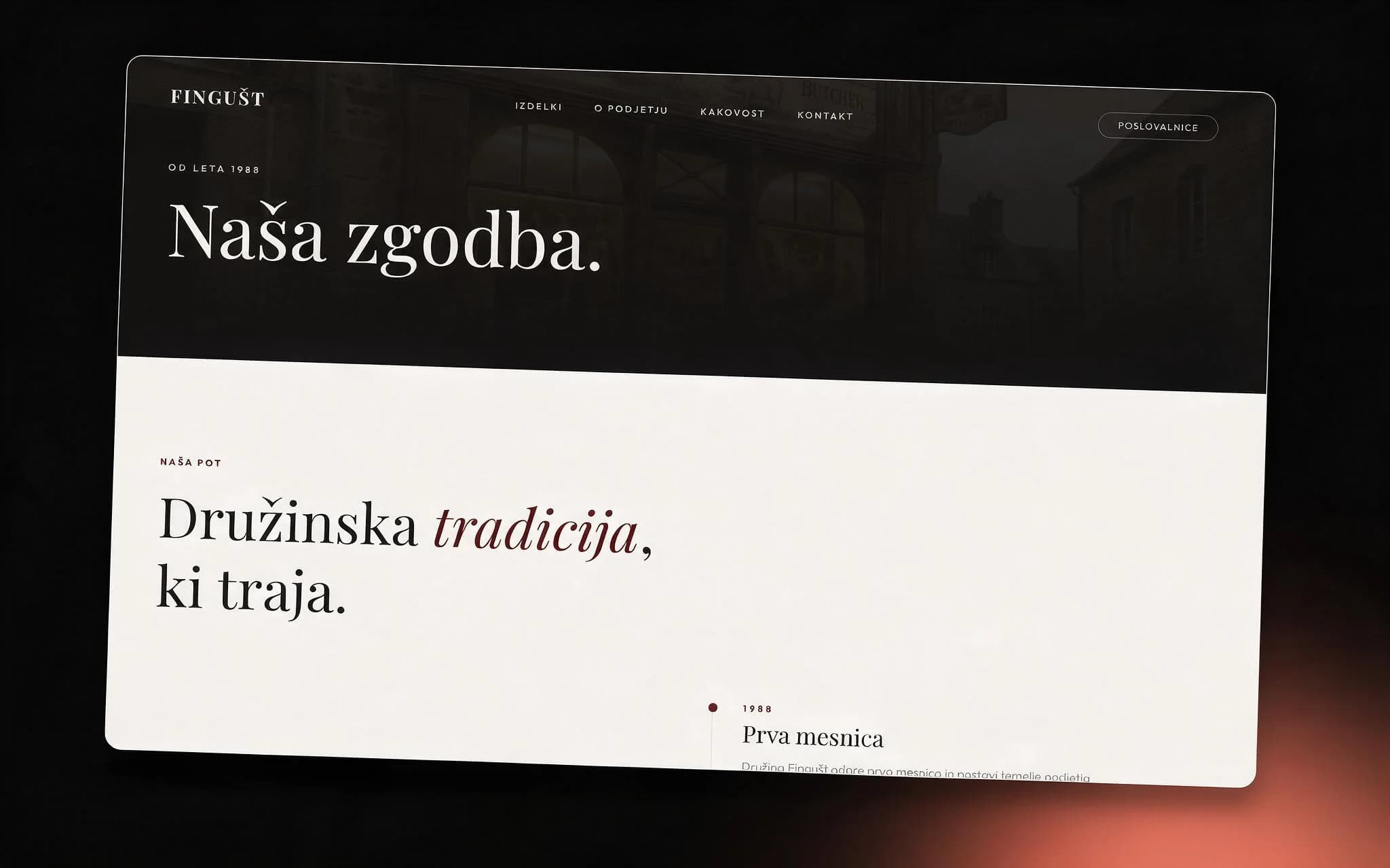 Fingušt about page with the company story and a dated timeline