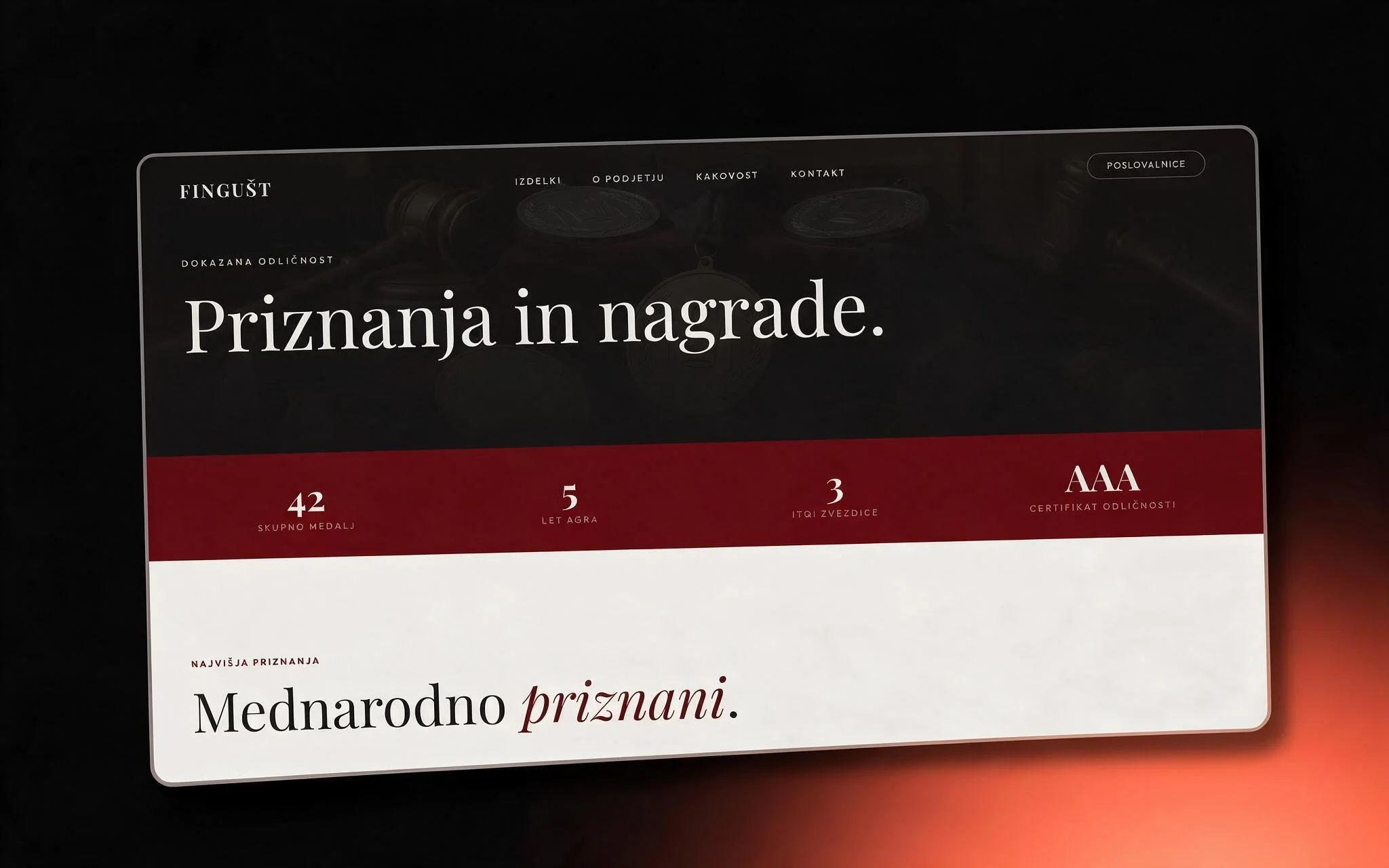 Fingušt awards page listing competition medals and the AAA excellence certificate