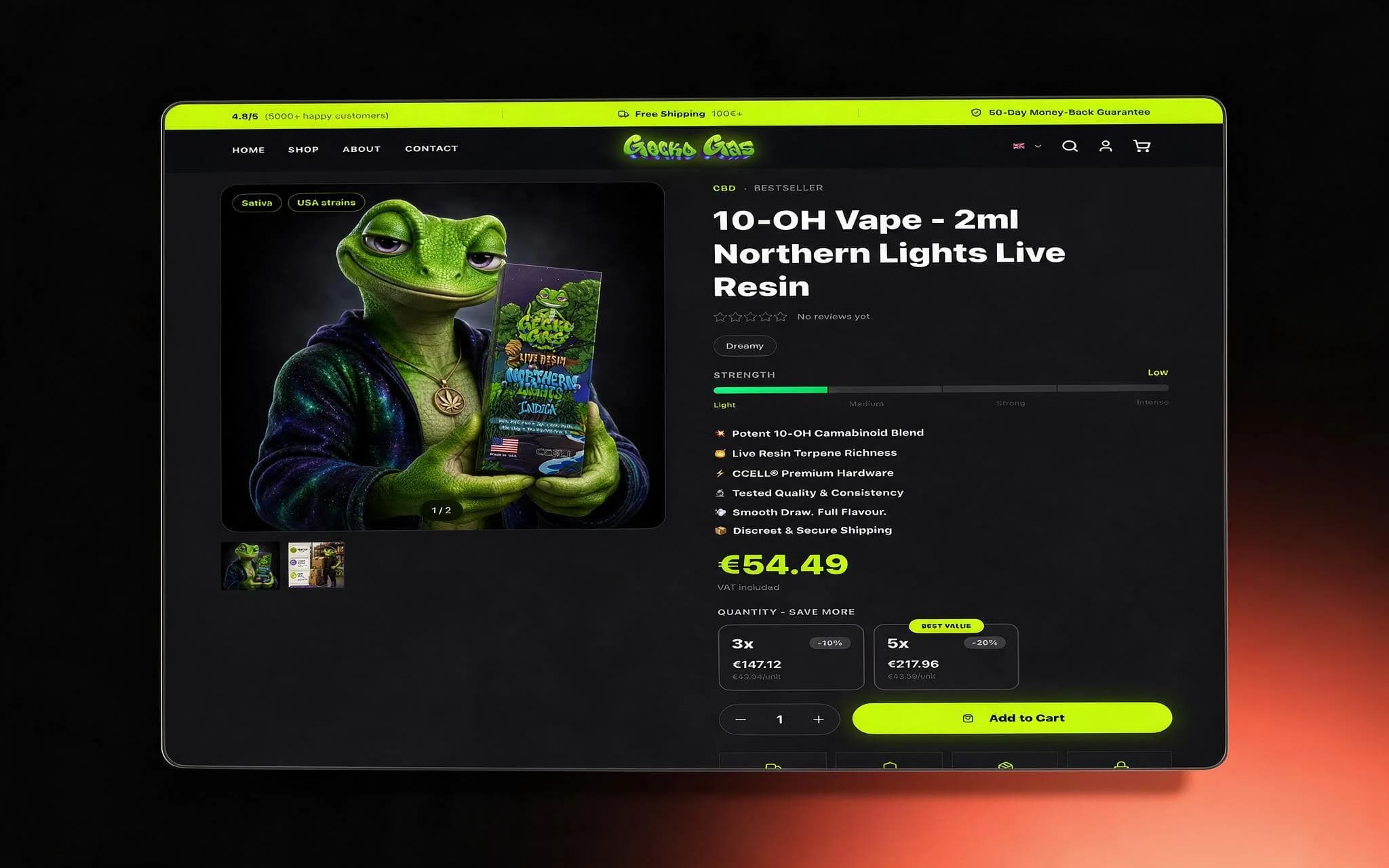GeckoGas product page with strength meter, price and 3x / 5x volume tiers