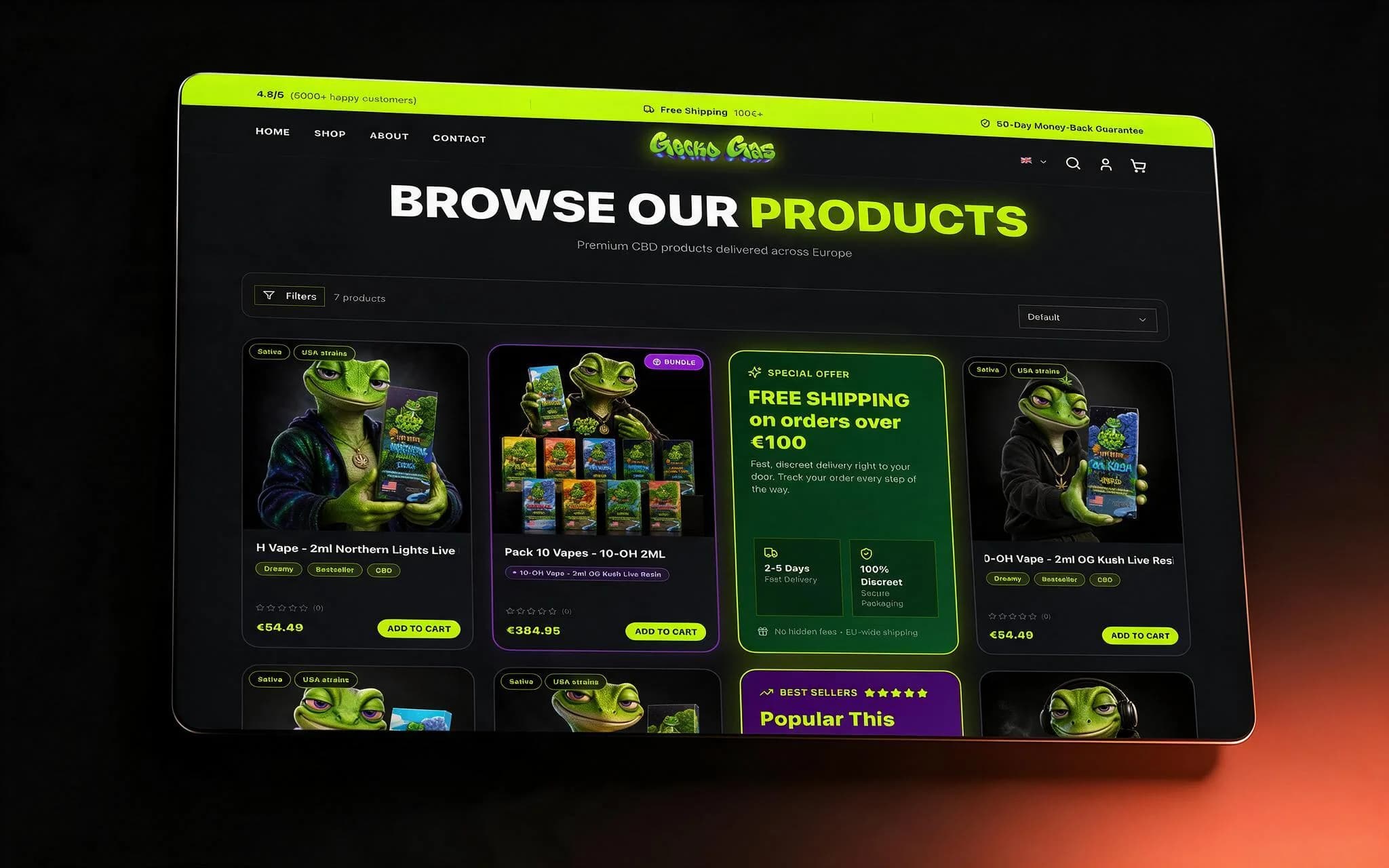 GeckoGas product listing with filters, product count and sort control