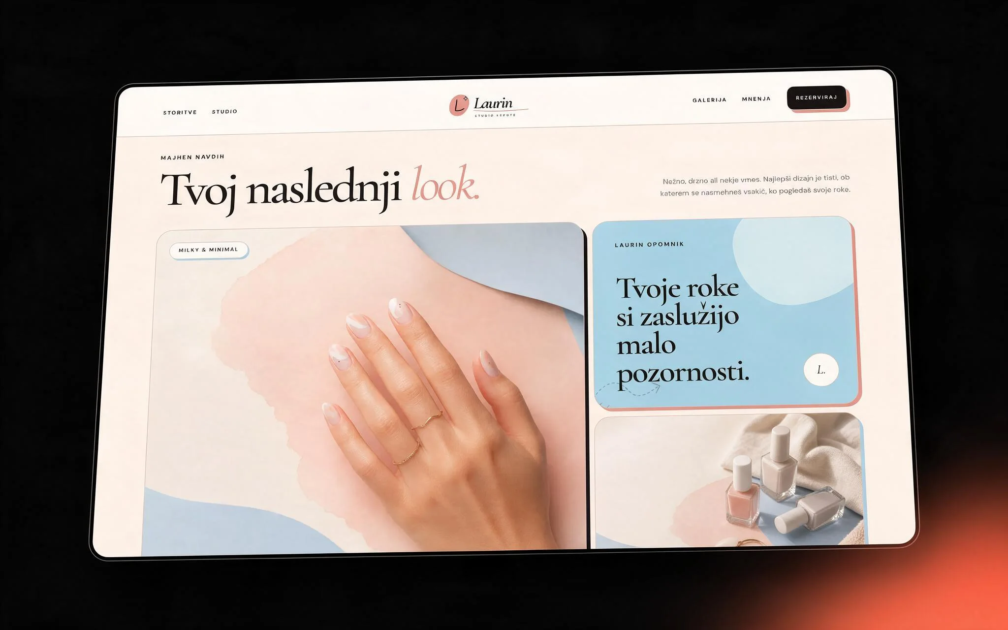 Lookbook grid of manicure photography with a quote card