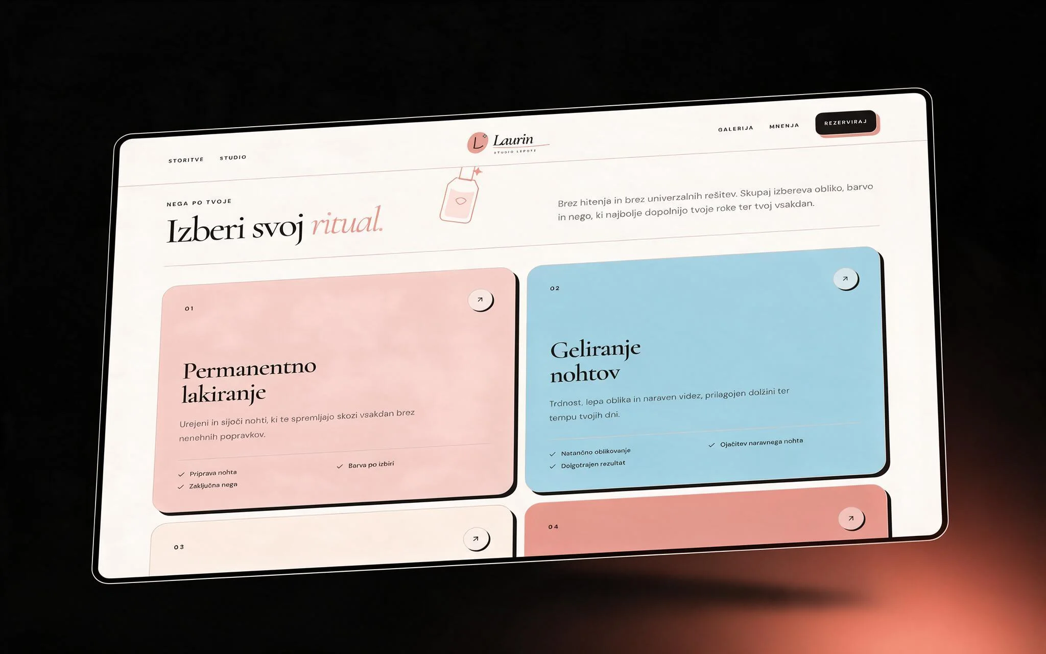 Laurin Studio Lepote prototype — service cards for each nail treatment