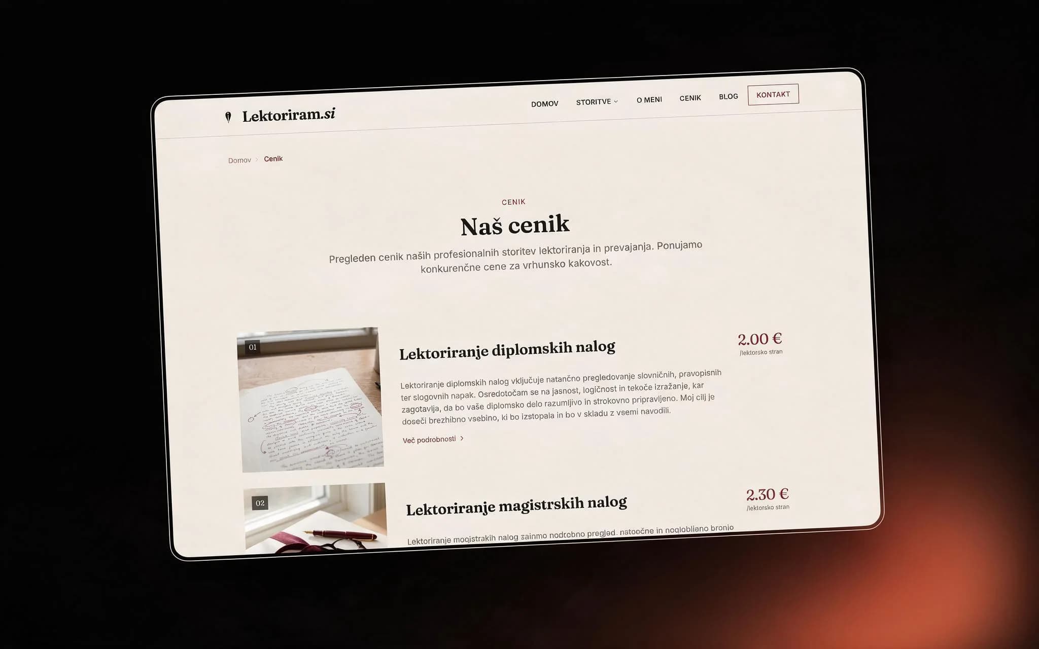 Stran s cenikom Lektoriram z objavljeno ceno na stran za vsako storitev