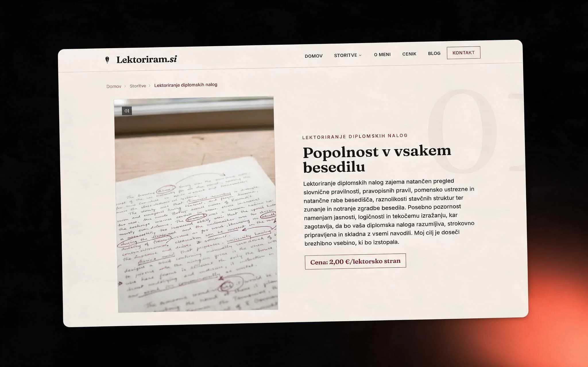 Lektoriram diploma-thesis service page with breadcrumbs and its own price