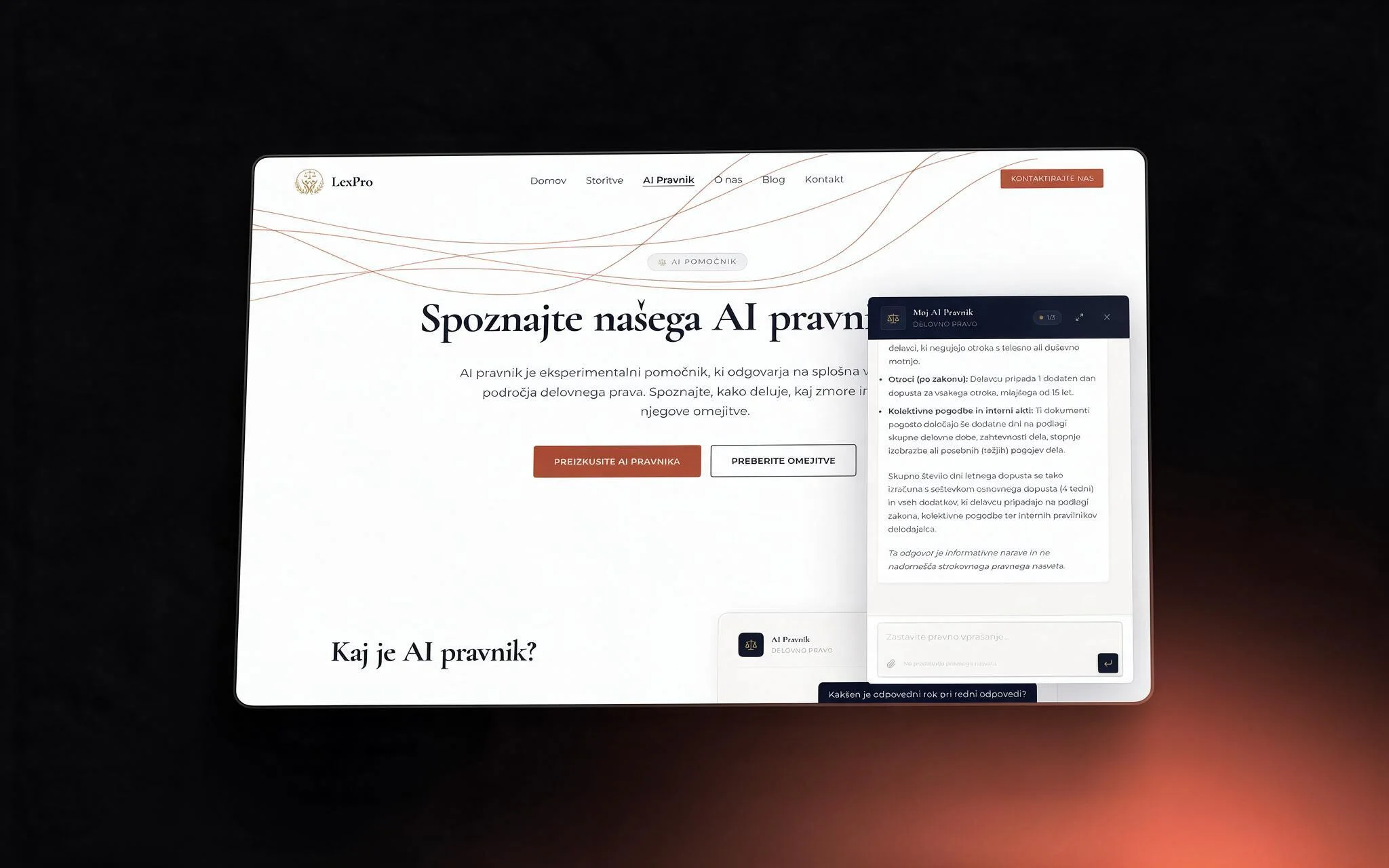 AI Pravnik answering a question about Slovenian annual-leave entitlement, with the free-question counter visible