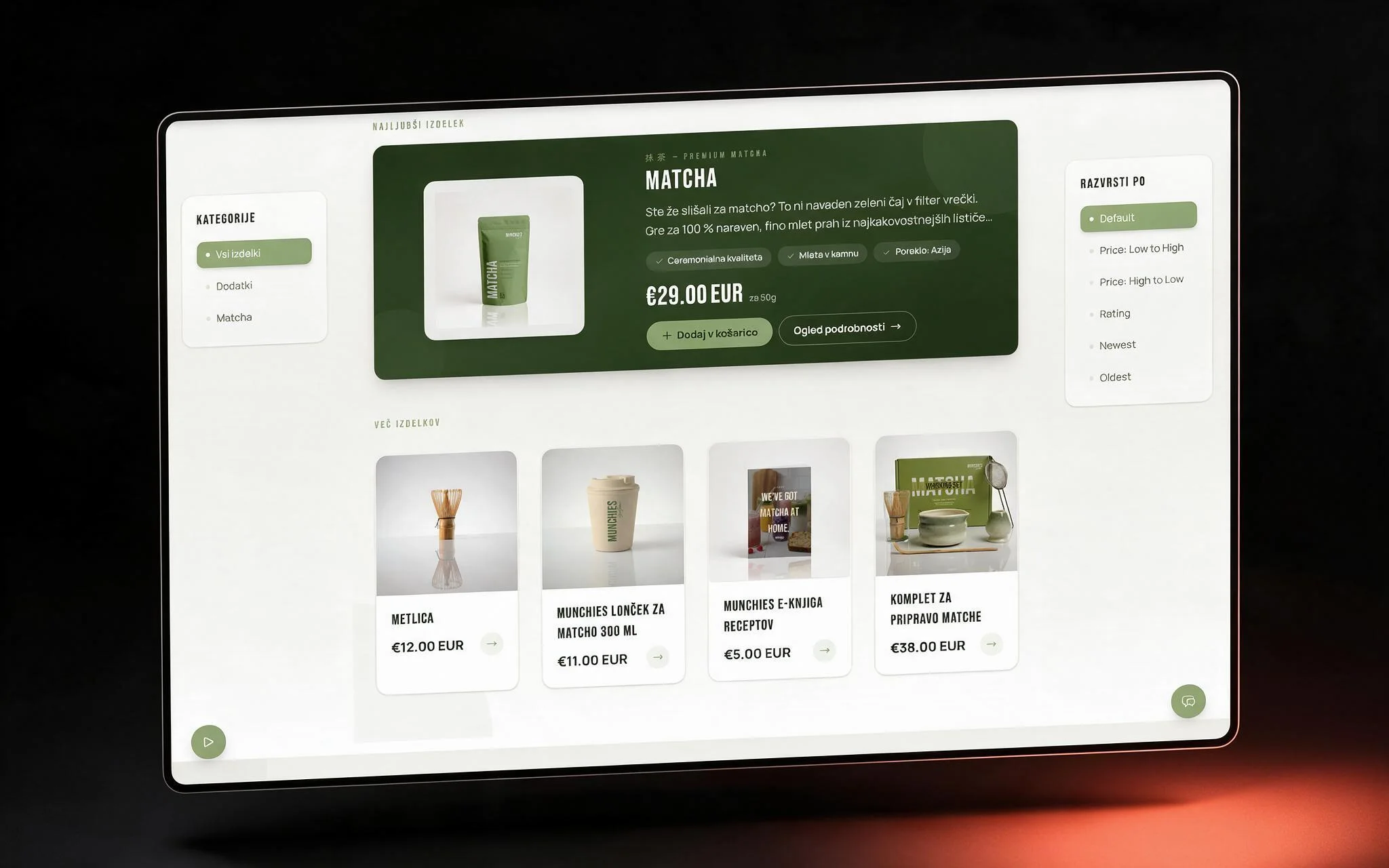 Munchies shop page with category filters, sort panel and product grid