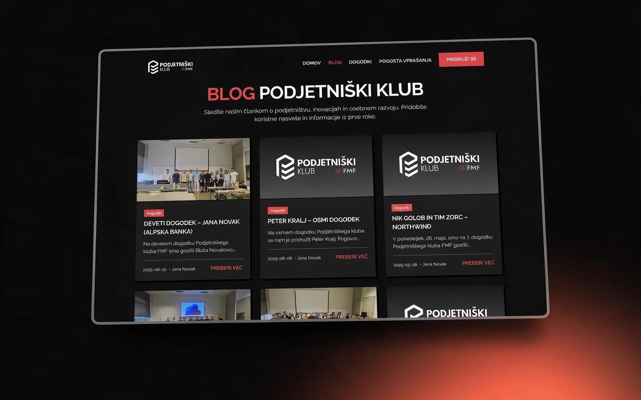 Podjetniški Klub blog listing — post cards with cover image, category, date and author