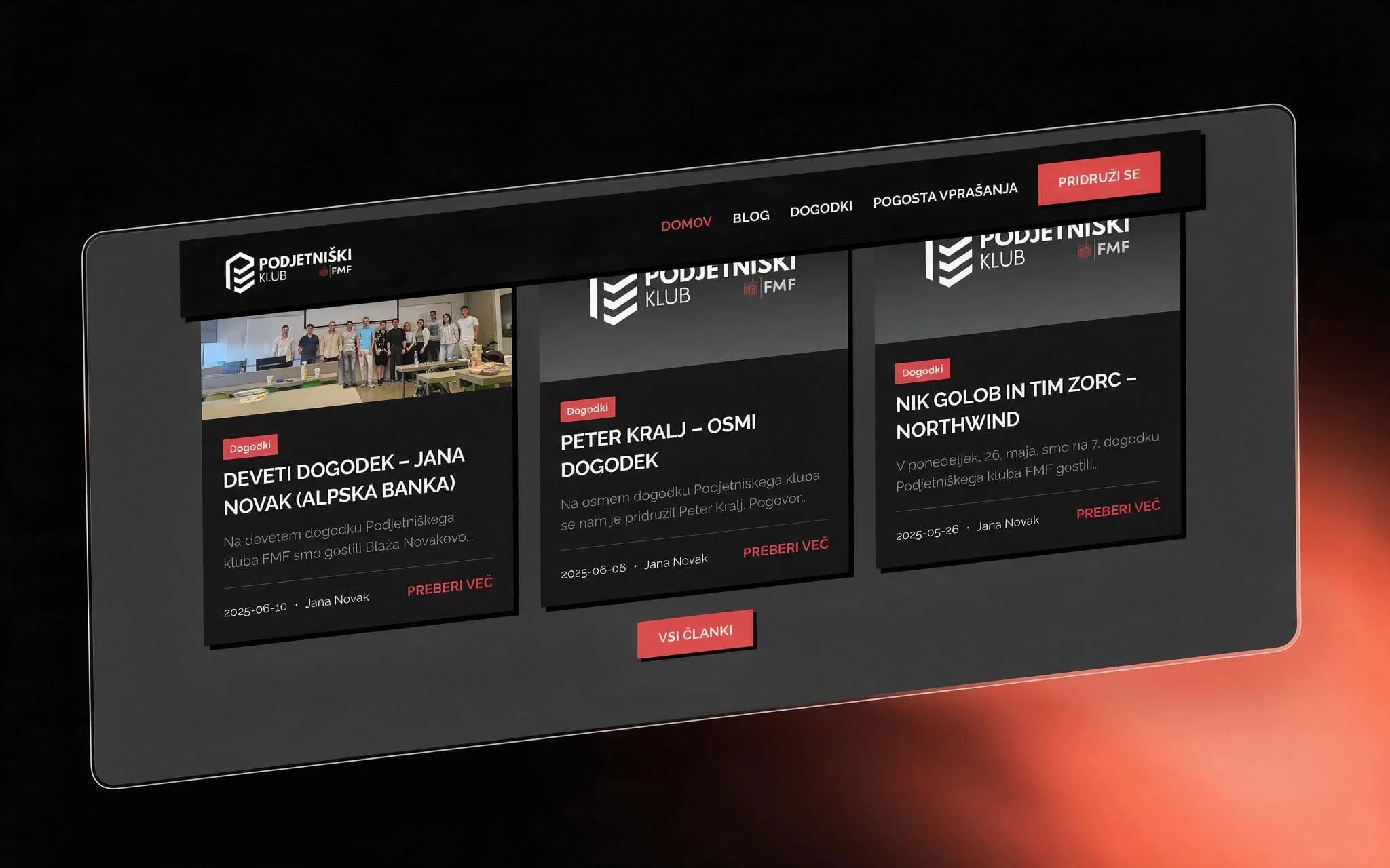 Podjetniški Klub homepage blog teaser — the latest three posts and an all-articles button