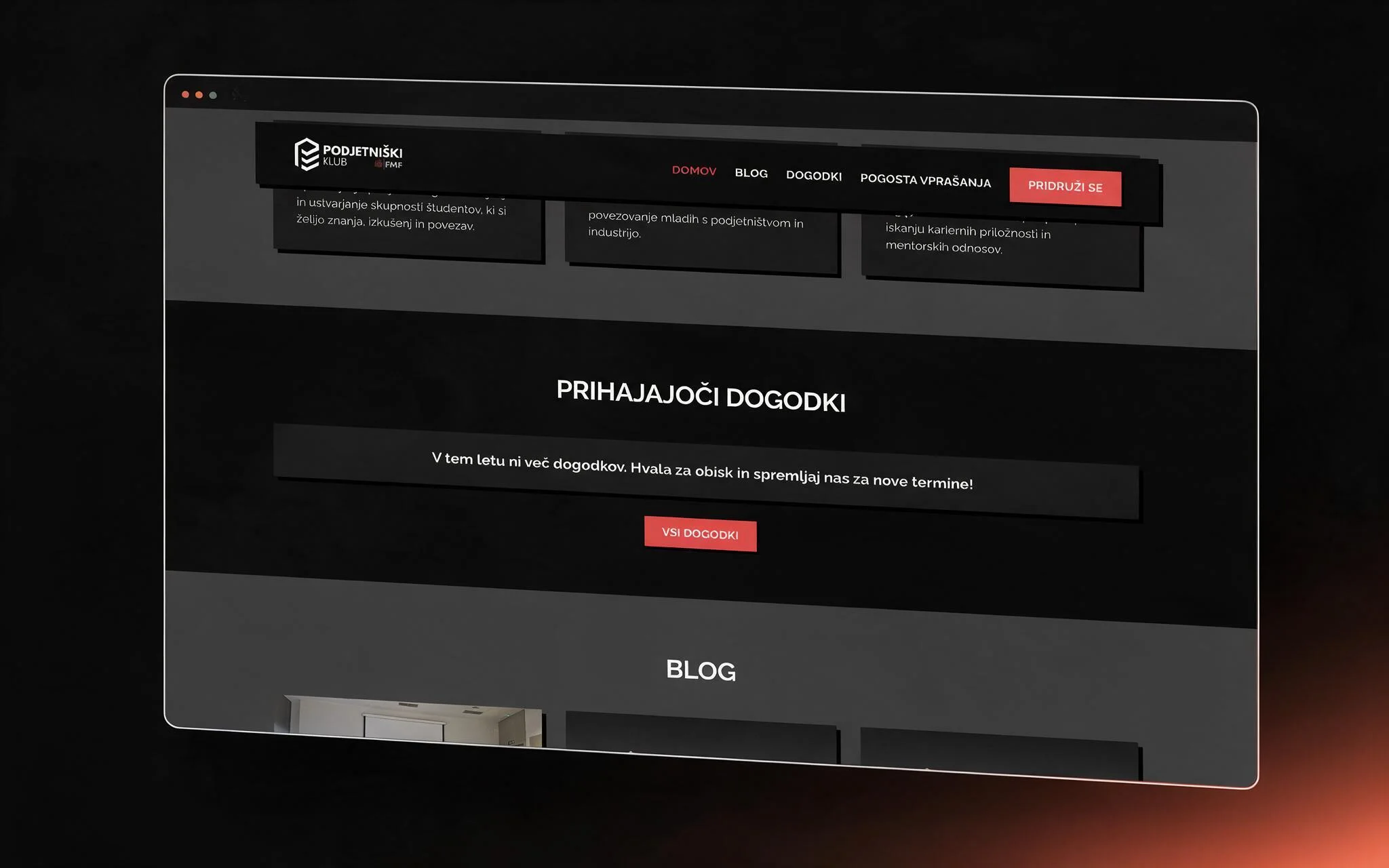 Podjetniški Klub homepage — upcoming-events block showing the no-events state above the blog section