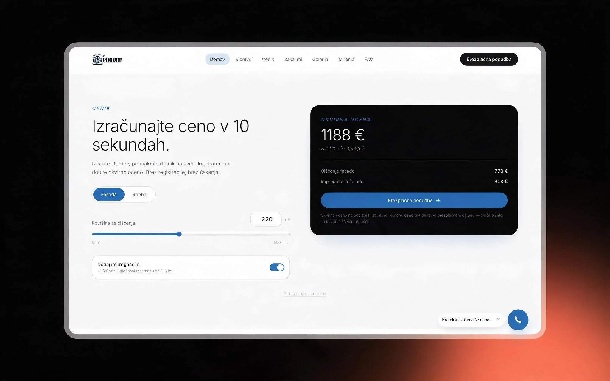 Provap price calculator — square-metre slider, service toggle and a live estimate