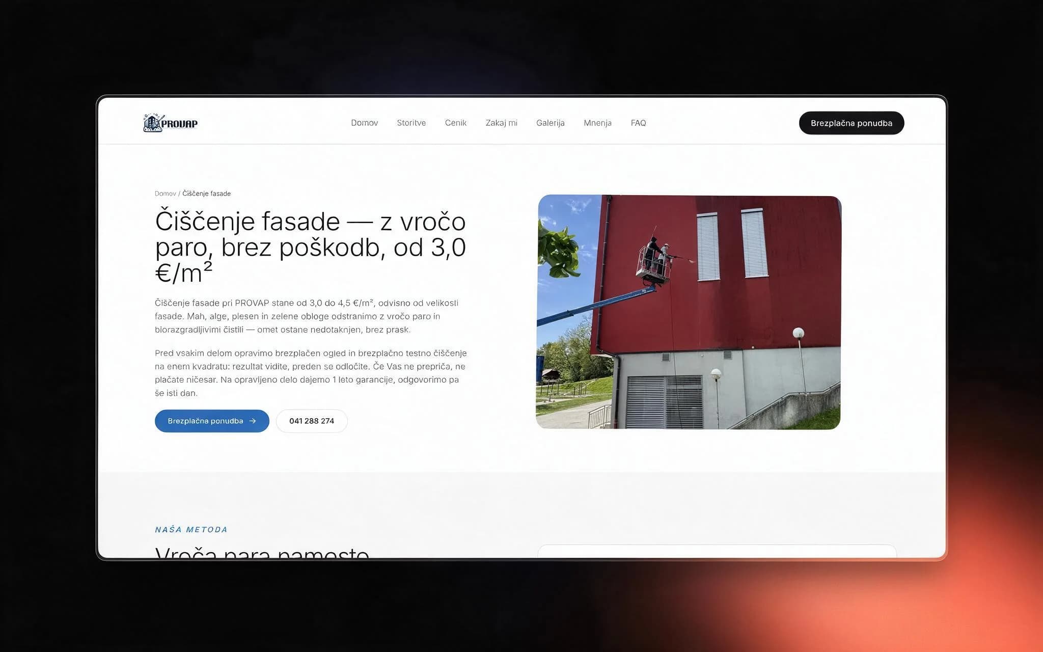 Provap facade cleaning service page explaining the method and what drives the price