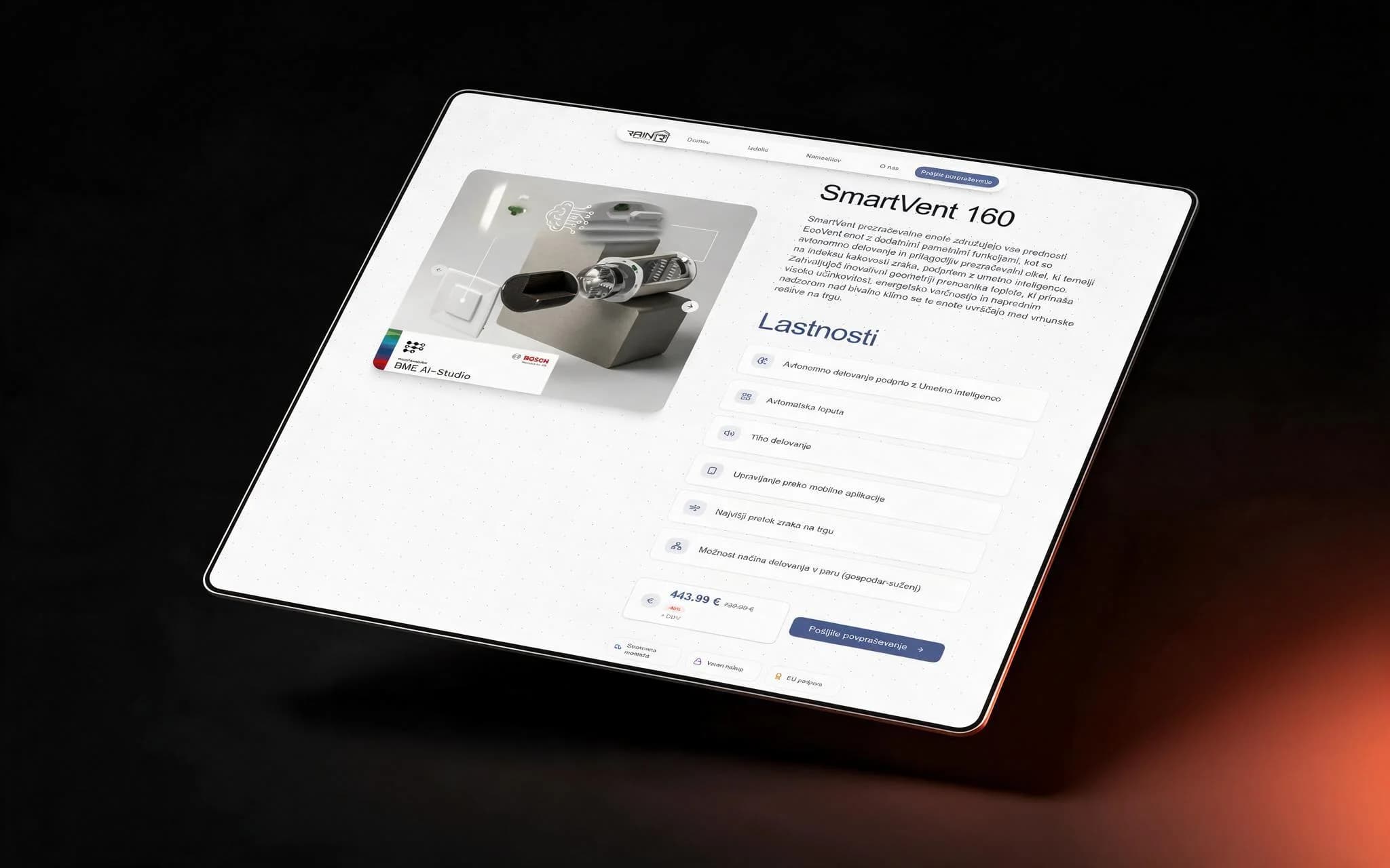 SmartVent 160 product page — description, feature list, price and inquiry CTA