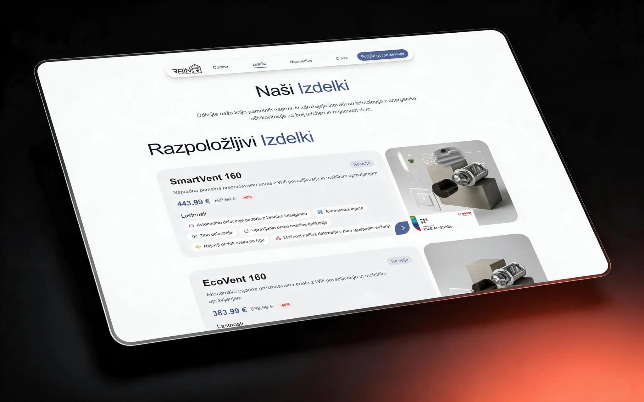 RAIN product catalogue — availability badges, discounted pricing and feature chips per unit