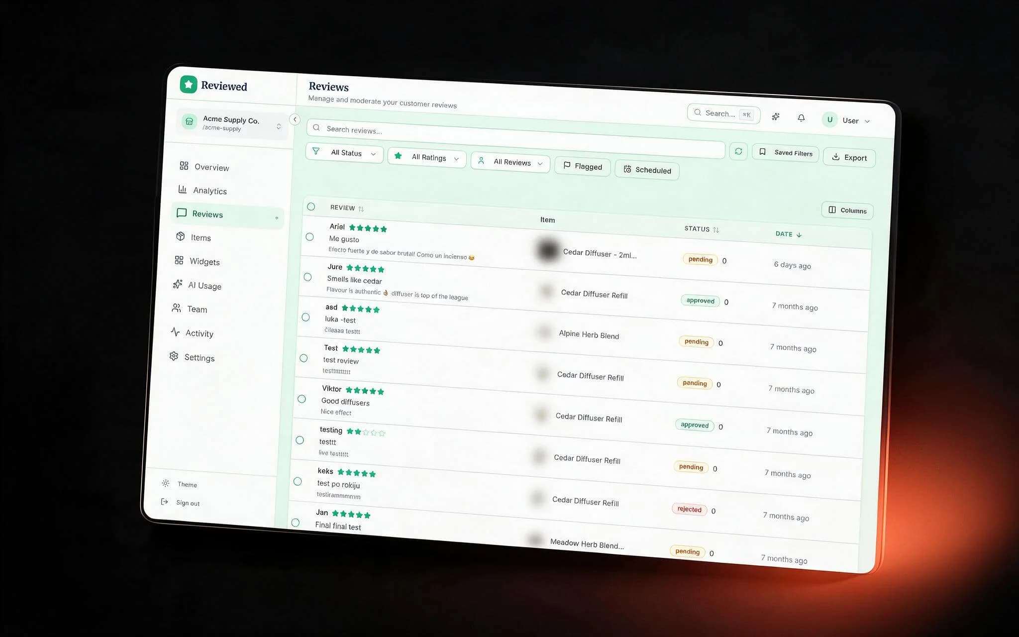 Reviewed - the reviews table with status, rating and flagged filters, saved filters and export