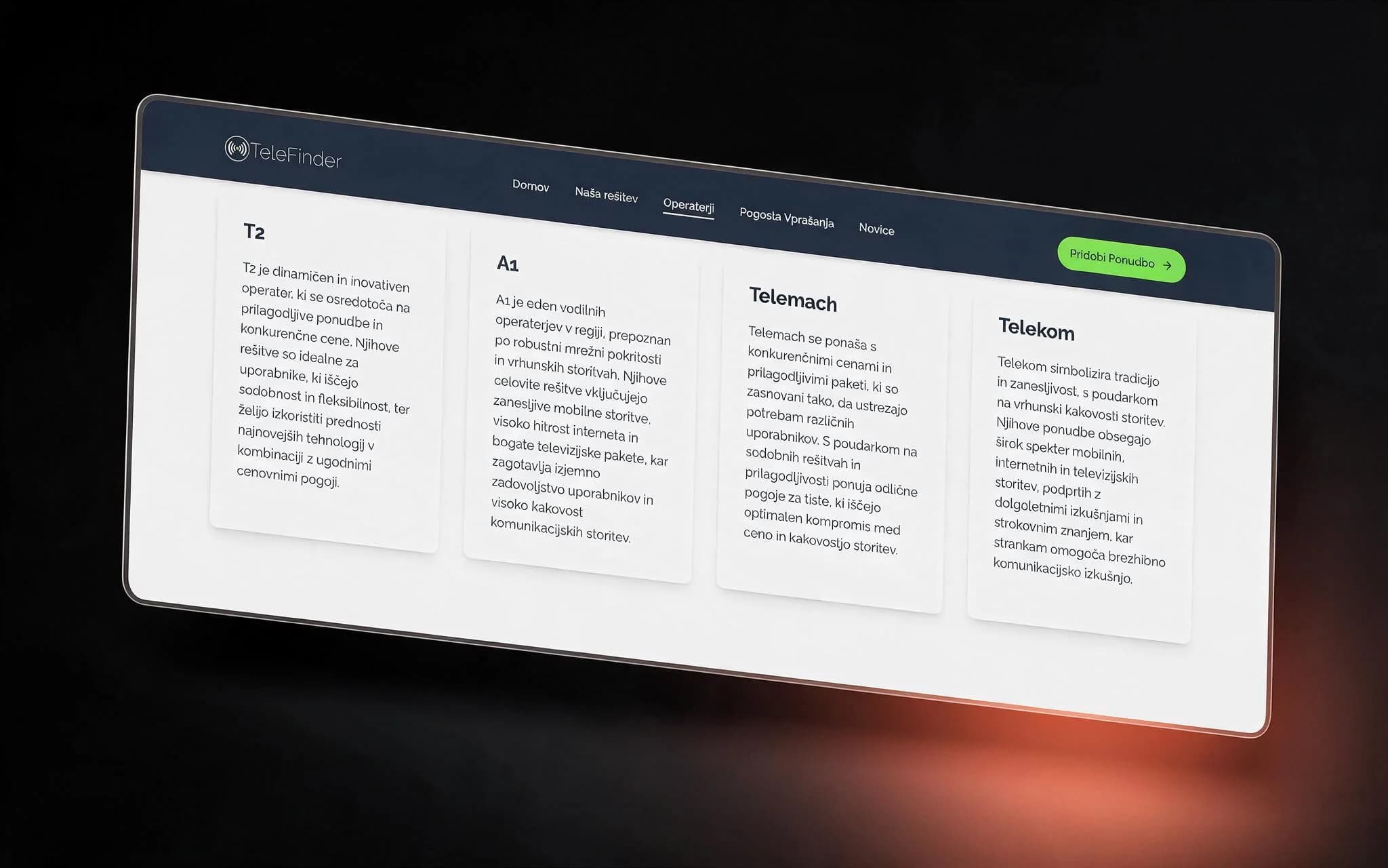 TeleFinder operator comparison page — T-2, A1, Telemach and Telekom side by side