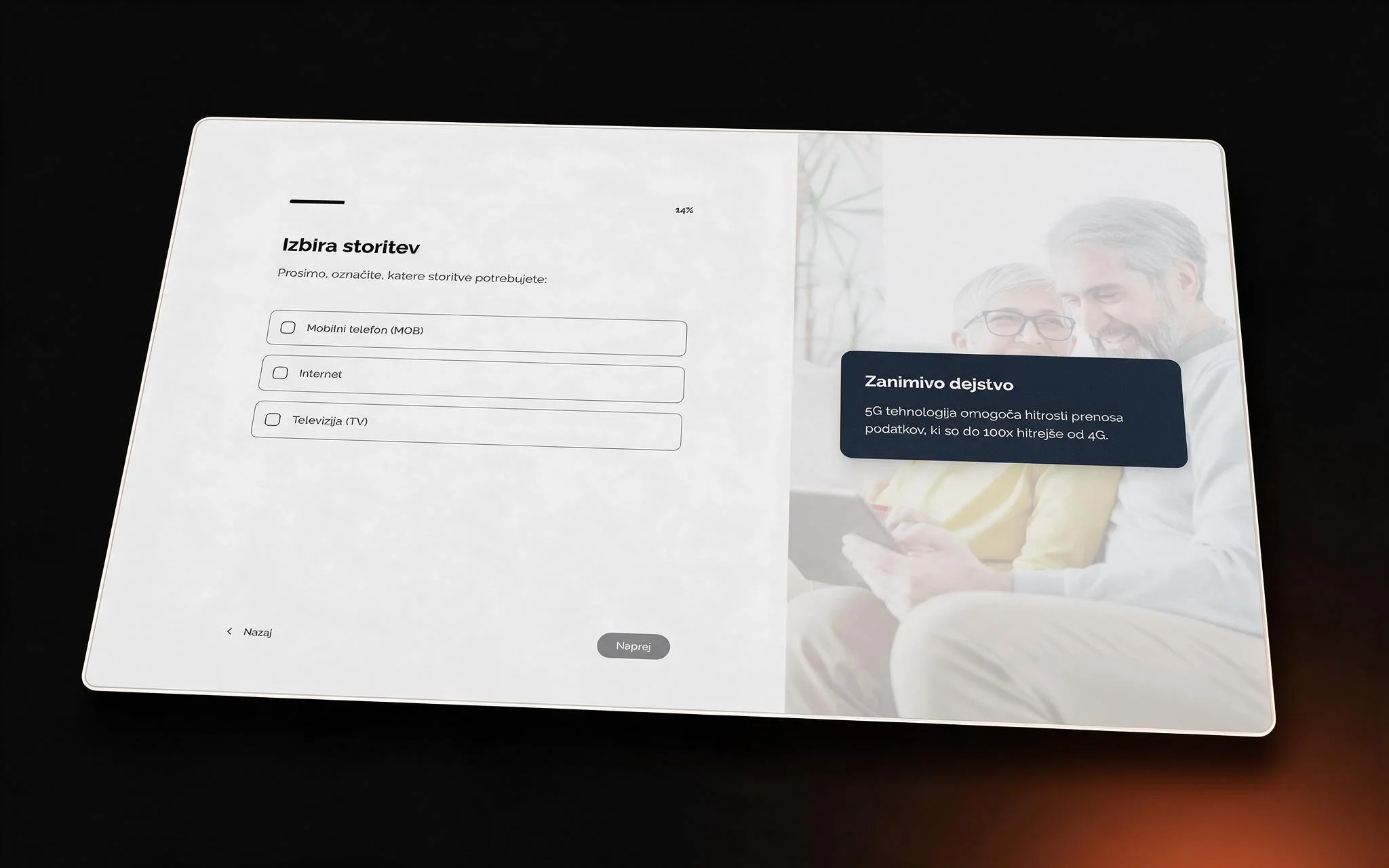 TeleFinder questionnaire — step one of seven, choosing mobile, internet or TV