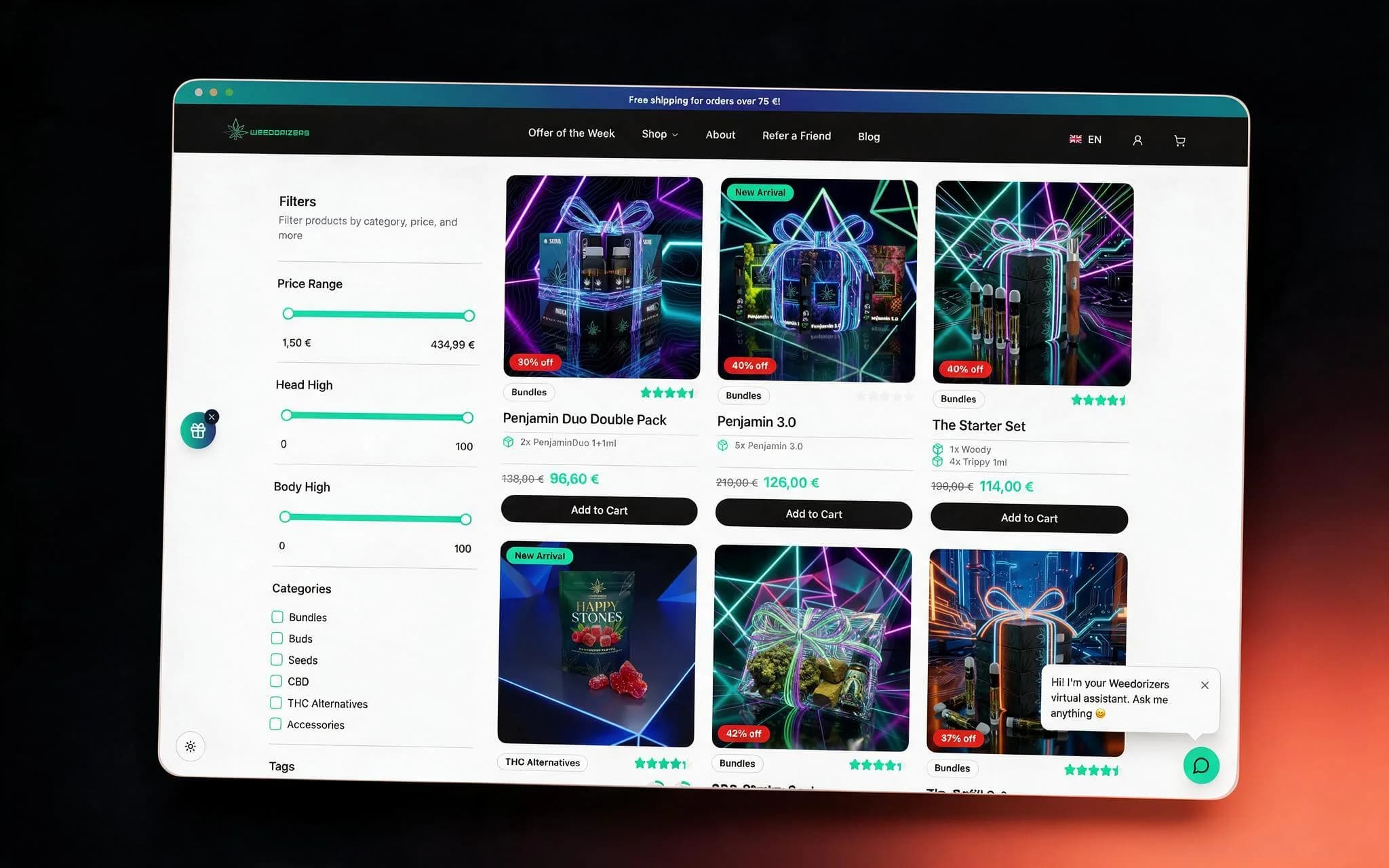 Weedorizers shop grid with price, head-high, body-high and category filters