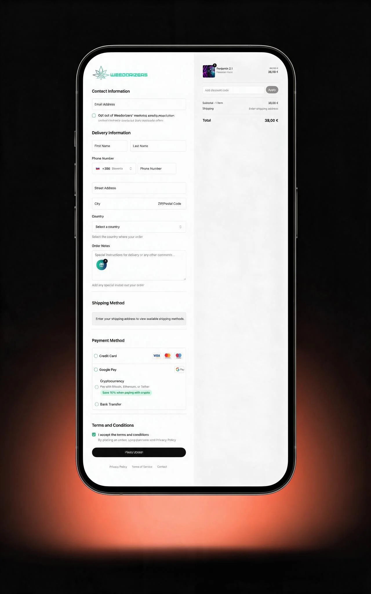 Weedorizers checkout showing card, Google Pay, cryptocurrency and bank transfer