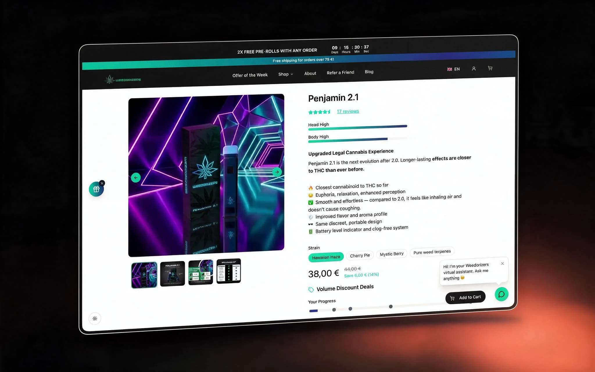 Weedorizers product page with strain selector, effect meters and volume discount progress