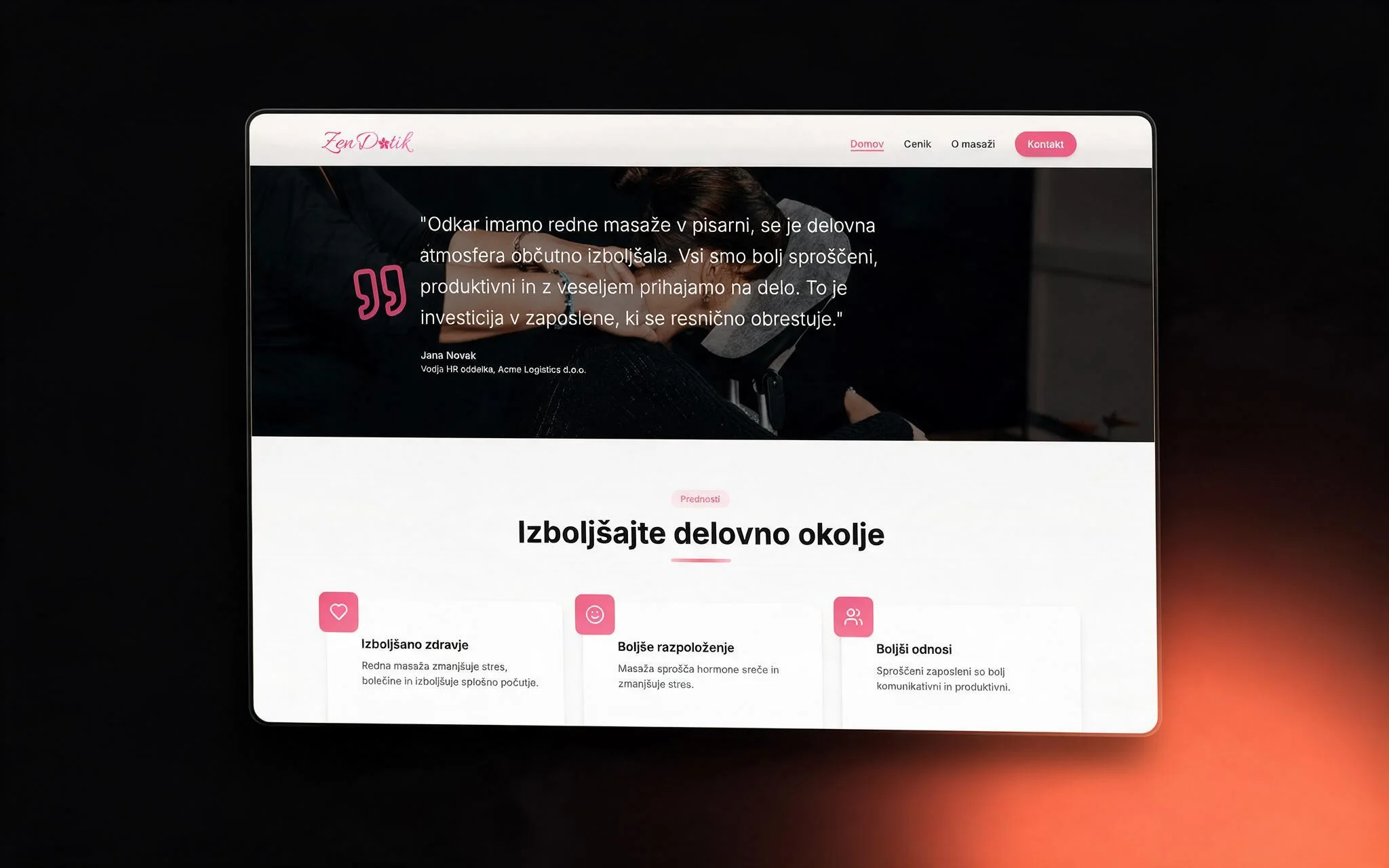 Zendotik testimonial from an HR manager, with the benefits grid below